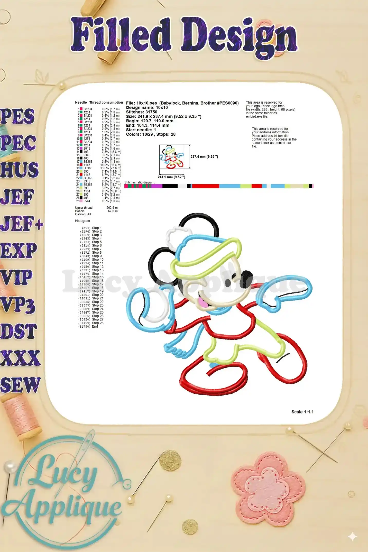 Filled design worksheet showing details such as needle, thread consumption and stitch count for the applique design.