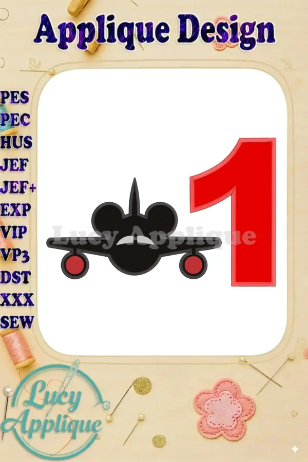 Mickey Mouse airplane applique design with the number 1, perfect for a first birthday. The design is simple yet charming, featuring iconic Mickey ears on the plane.