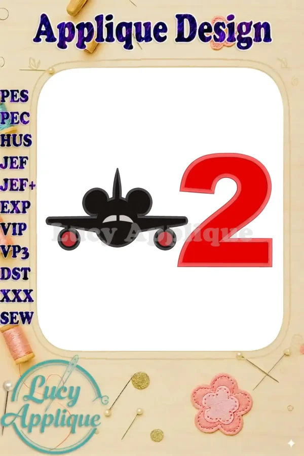 Mickey Mouse airplane applique design with the number 2, perfect for a 2nd birthday. The design is shown on a white background, ready for embroidery.
