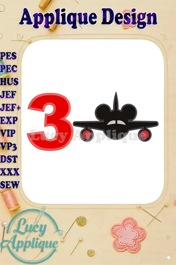 Mickey Mouse airplane applique design for a 3rd birthday. Features a red number 3 and a Mickey-shaped airplane. Perfect for embroidery projects.
