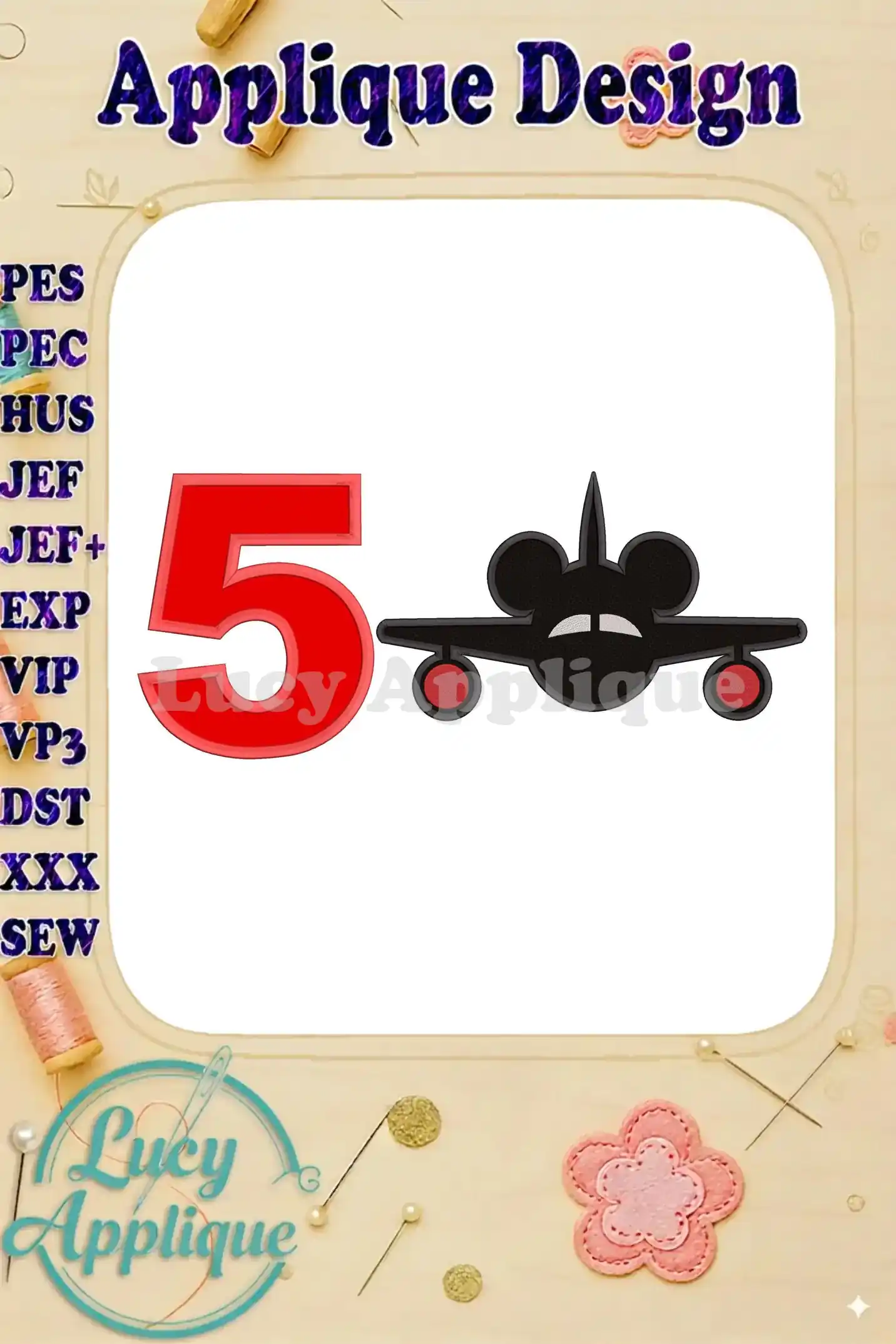 Embroidery design of Mickey Mouse on an airplane, with the number 5, perfect for a 5th birthday. Applique design in PES, HUS, JEF, JEF