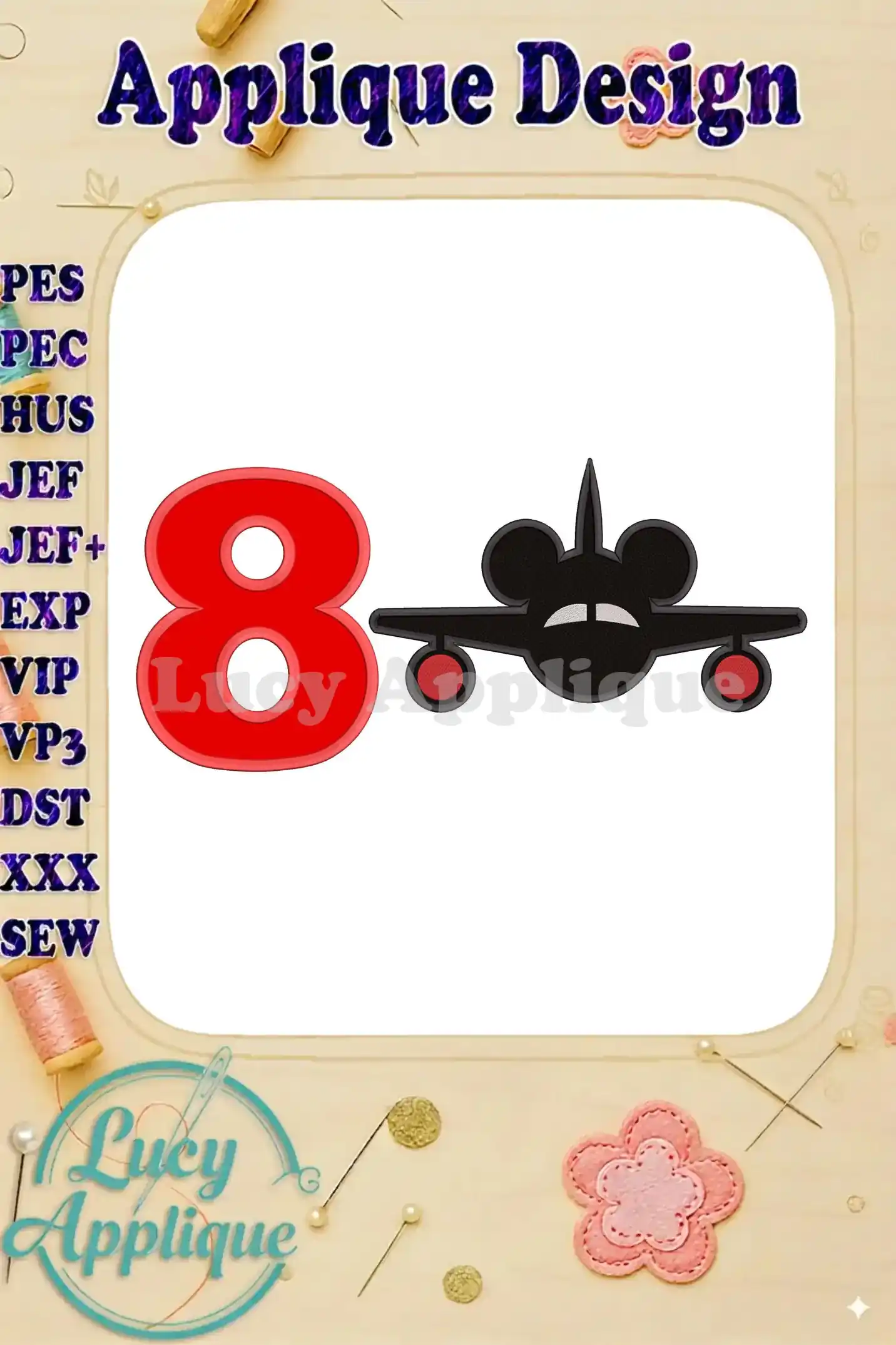 Embroidery design featuring Mickey Mouse on an airplane, celebrating a child's 8th birthday. Applique design in red and black, with the number 8 prominently displayed.
