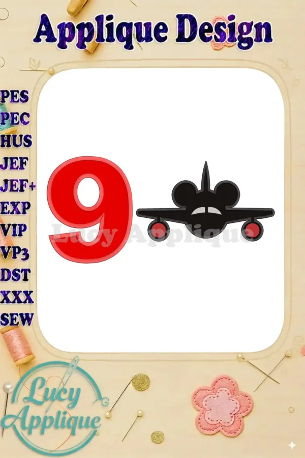Mickey Mouse airplane applique design for a 9th birthday. Features a red number 9 and a black Mickey-shaped airplane. Perfect for adding a personalized touch to any birthday project.