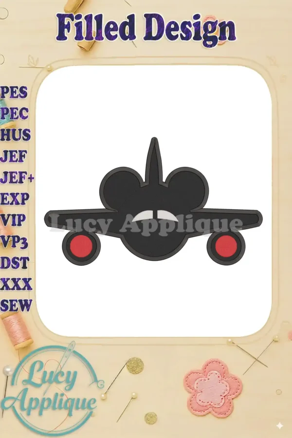 Mickey Mouse-shaped airplane embroidery design in black and red, ready to be stitched. Perfect for adding a Disney touch to any project. The design is shown on a white background within a light-colored frame.