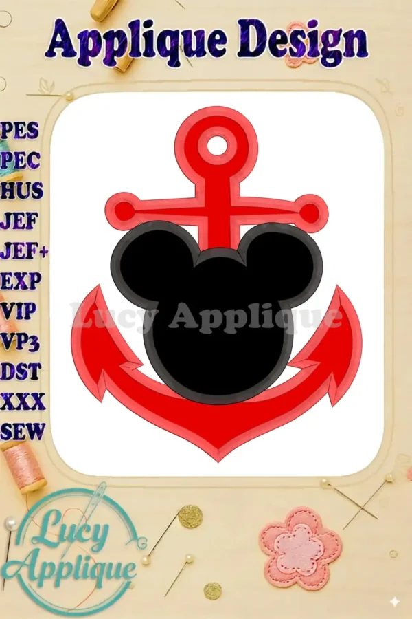 A cute Mickey Mouse head incorporated into an anchor applique embroidery design. The anchor is red, and Mickey's head is black, adding a fun twist to a classic nautical symbol.