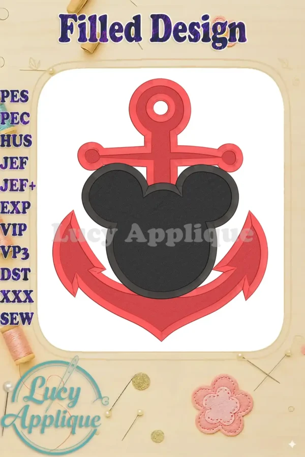 A charming Mickey Mouse-shaped anchor in red and black, ready to be stitched. This filled design is perfect for adding a touch of Disney magic to your projects.