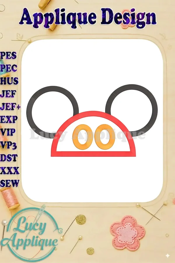 Main image showcasing a Mickey Mouse applique embroidery design; the design is simple and features Mickey's signature ears and face, displayed on a white background within a box.