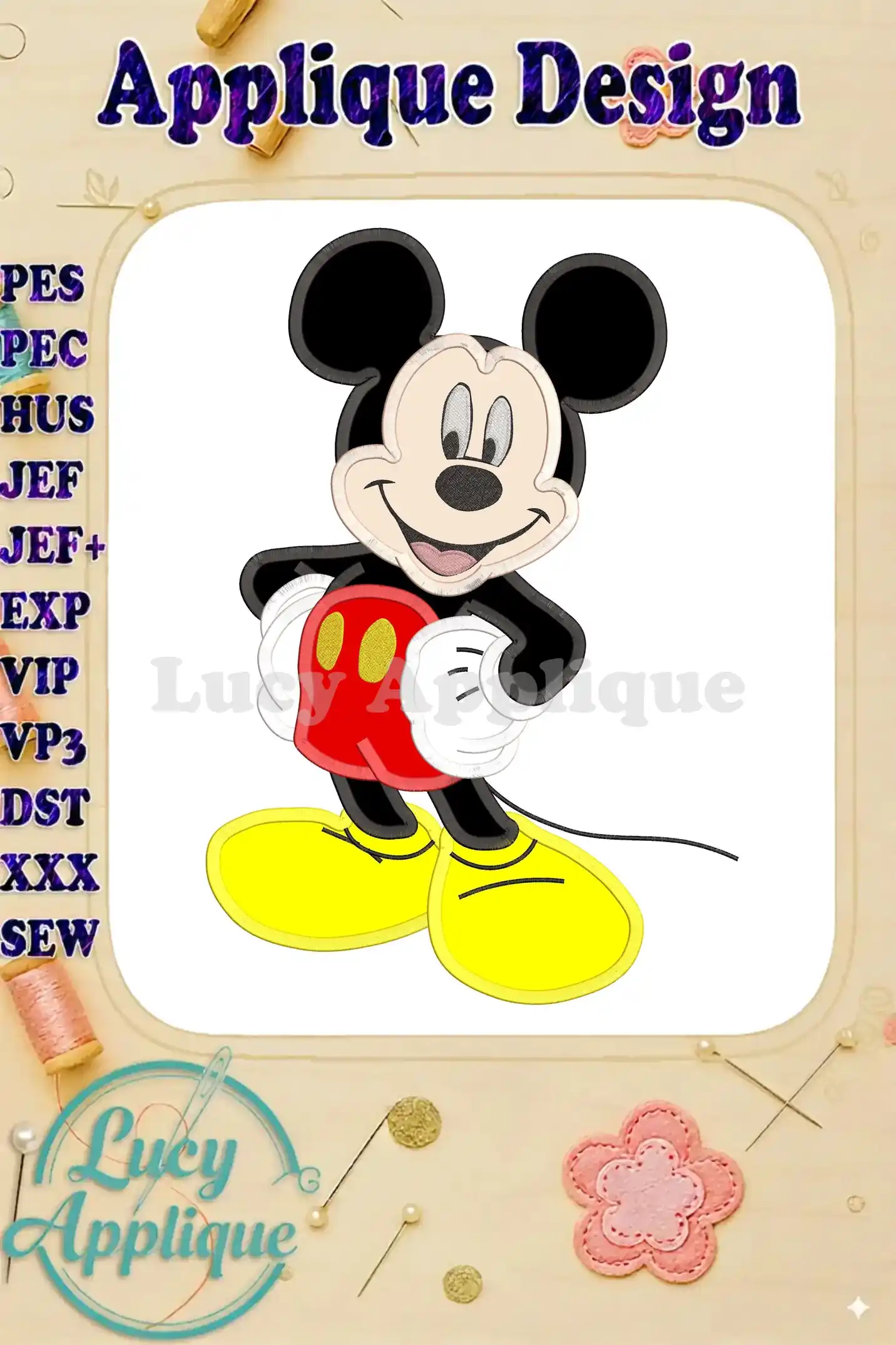 Mickey Mouse applique embroidery design in various formats (PES, HUS, JEF, etc.). A charming, classic depiction of Mickey, perfect for adding a Disney touch to your projects.