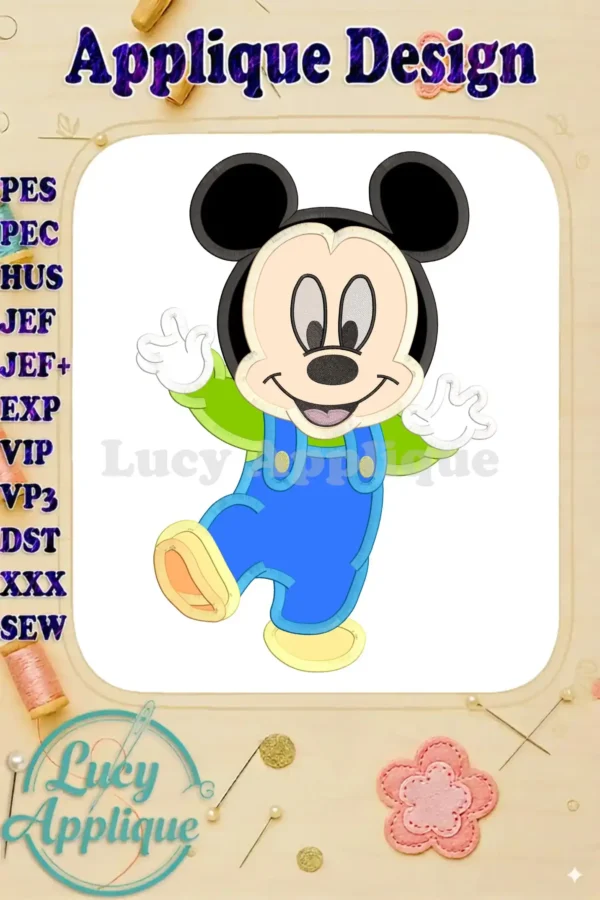 Adorable Mickey Mouse baby applique embroidery design in playful pose, ready to stitch. Various file formats included for different embroidery machines.