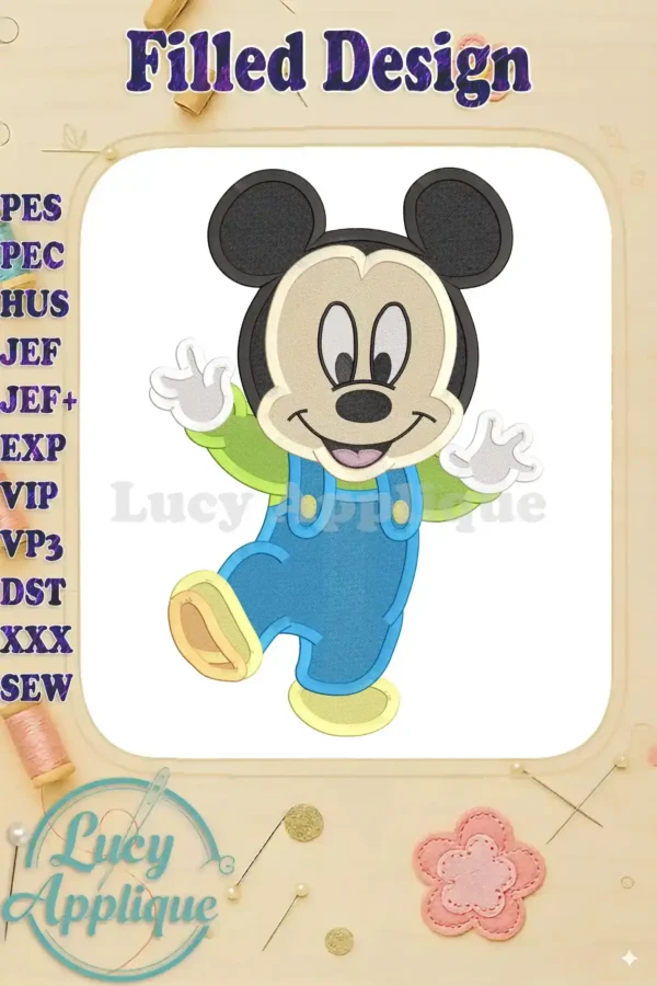 Adorable Mickey Mouse baby in overalls, a filled machine embroidery design. Perfect for baby clothes and nursery decorations. Various formats are available for different machines.