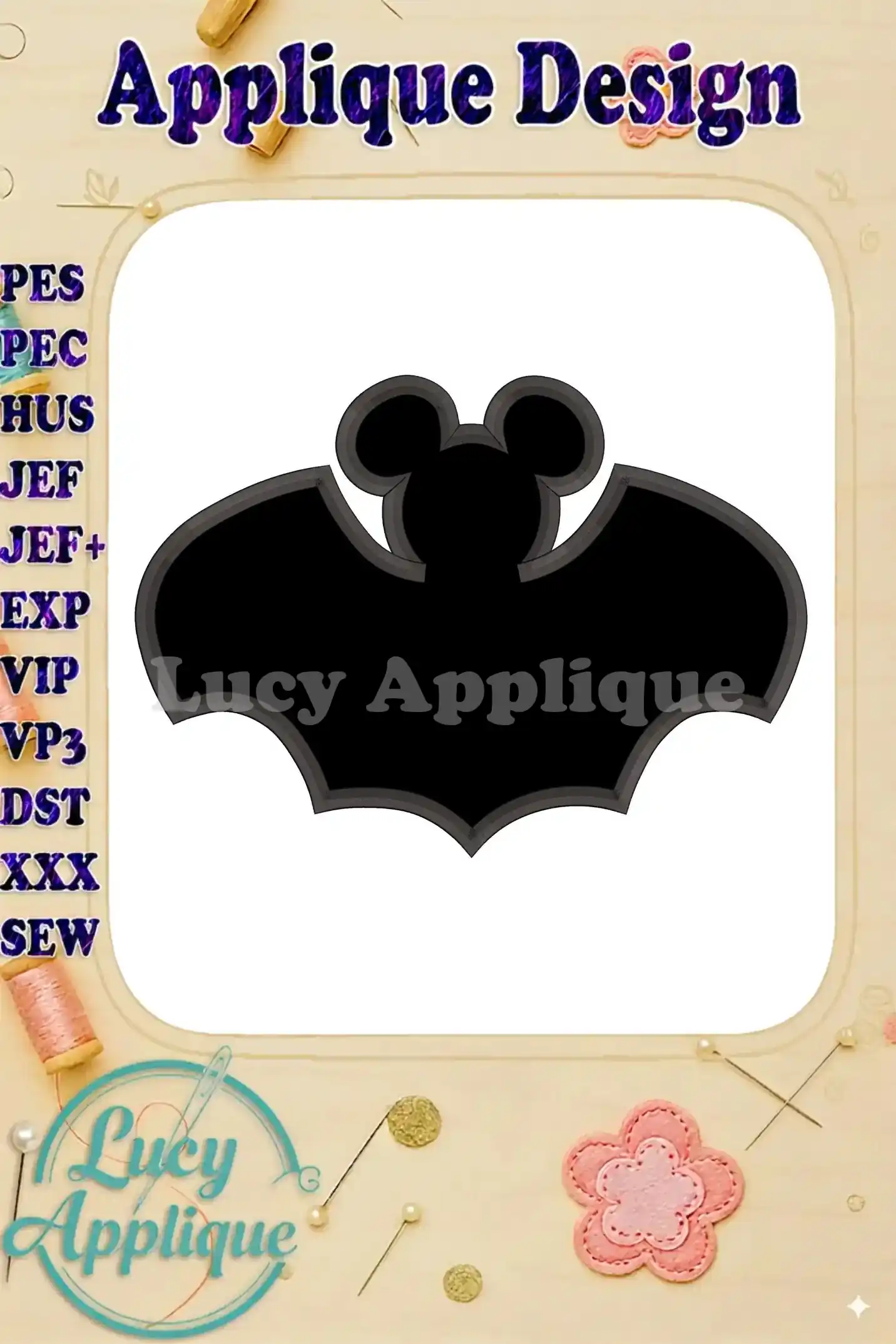 Mickey Mouse shaped bat applique embroidery design in black with gray accents, shown on a white background with design specs listed. Perfect for Halloween projects!