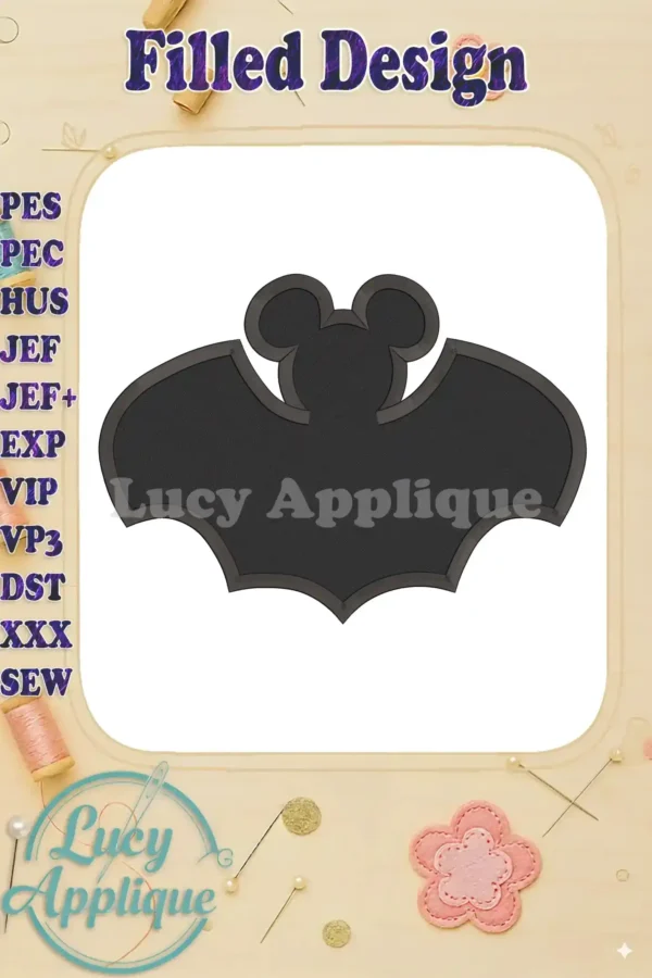 A charming Mickey Mouse-shaped bat, designed for machine embroidery. The design is black with a filled stitch style, suitable for Halloween projects.