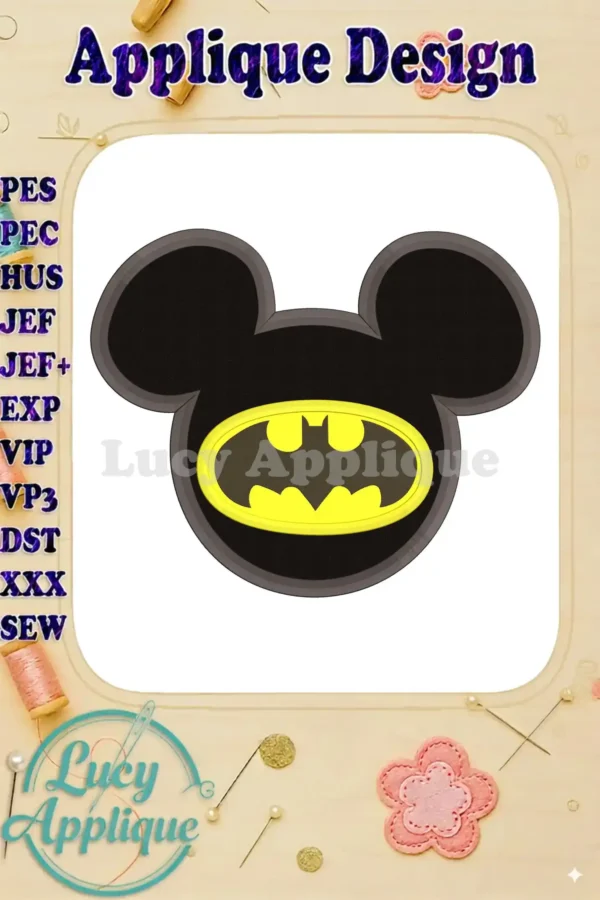 Main image showcasing a Mickey Mouse head applique design with a Batman symbol in the center. The design is shown on a white background, and various embroidery file formats are listed.