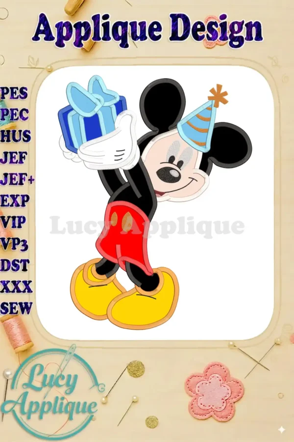 Mickey Mouse in a party hat holds a gift. Applique design in multiple formats. Perfect for birthday projects.