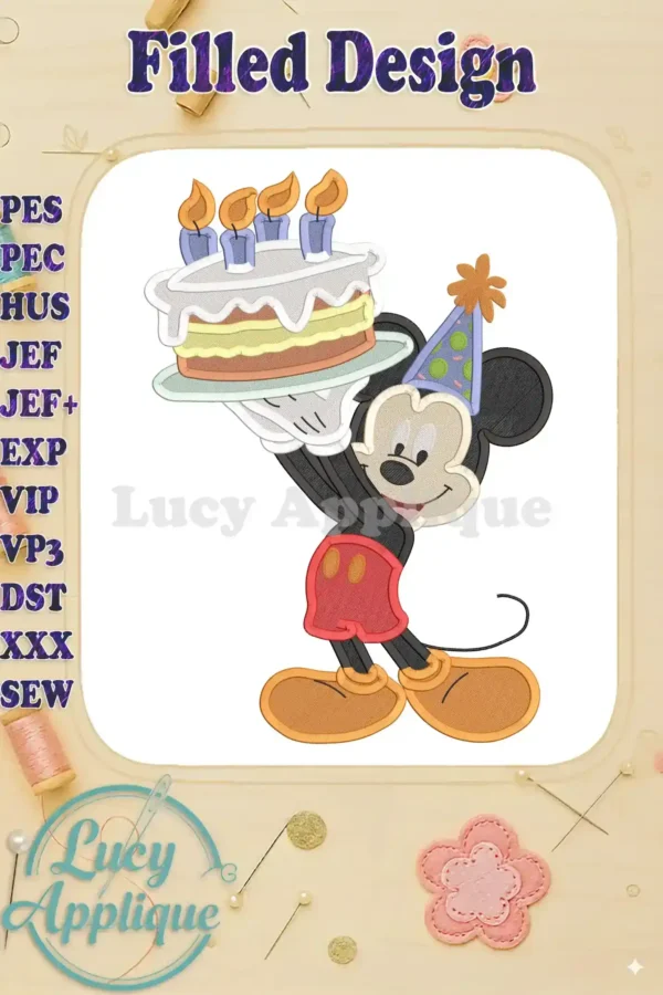Mickey Mouse celebrating his birthday, holding a delicious cake with lit candles. This filled embroidery design is perfect for various crafting projects.