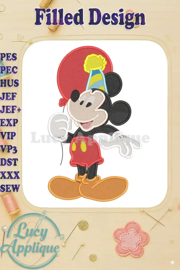 A charming filled embroidery design of Mickey Mouse celebrating his birthday with a balloon and party hat. This design is perfect for adding a festive touch to any project.