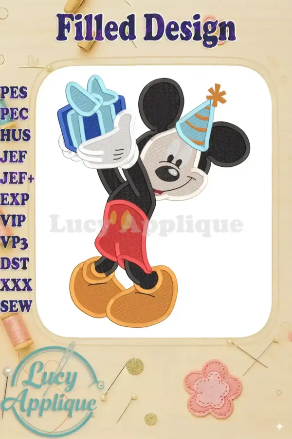 A charming Mickey Mouse birthday embroidery design, filled, showing Mickey holding a gift, wearing a party hat. Perfect for adding a festive touch to any project.