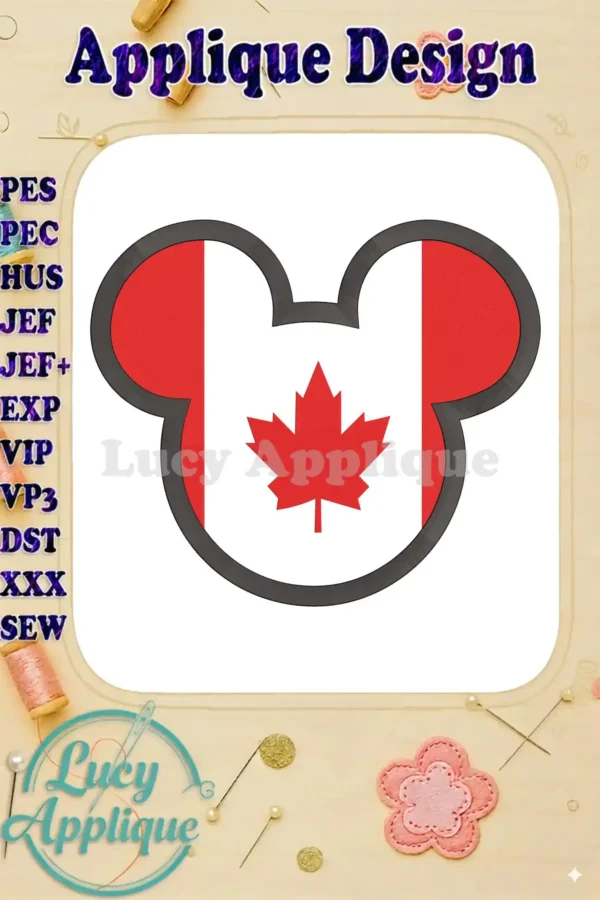 Main image showcasing a Mickey Mouse head applique design incorporating the Canadian flag; a charming blend of iconic character and national pride, ideal for embroidery projects.