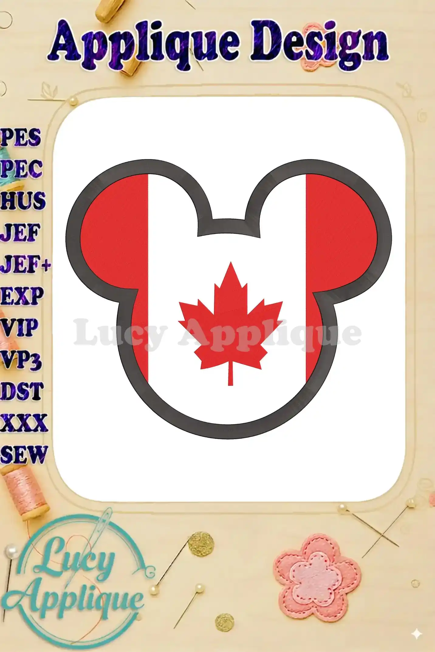 Main image showcasing a Mickey Mouse head applique design incorporating the Canadian flag; a charming blend of iconic character and national pride, ideal for embroidery projects.