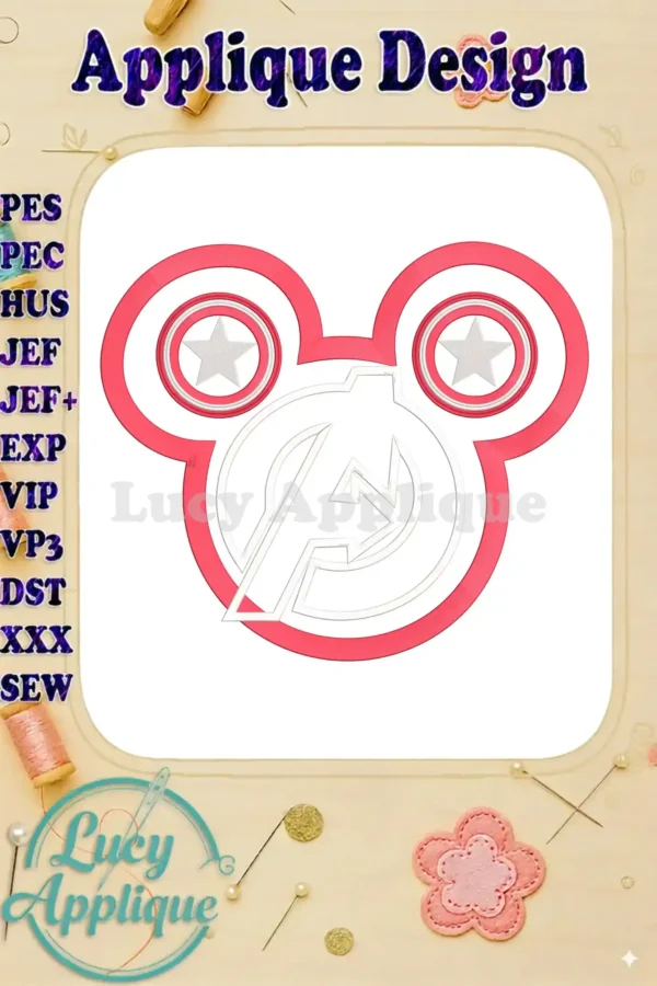 A charming applique design showcasing Mickey Mouse's ears incorporating Captain America's shield emblem. This image displays the design's outline and stitch types.