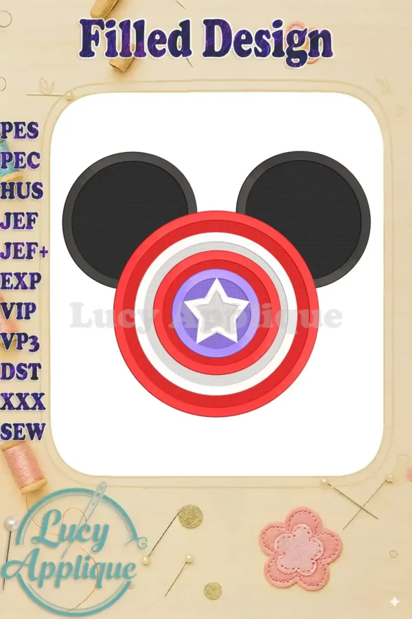 A charming filled machine embroidery design featuring Mickey Mouse's ears and Captain America's shield. Perfect for adding a unique touch to your projects!
