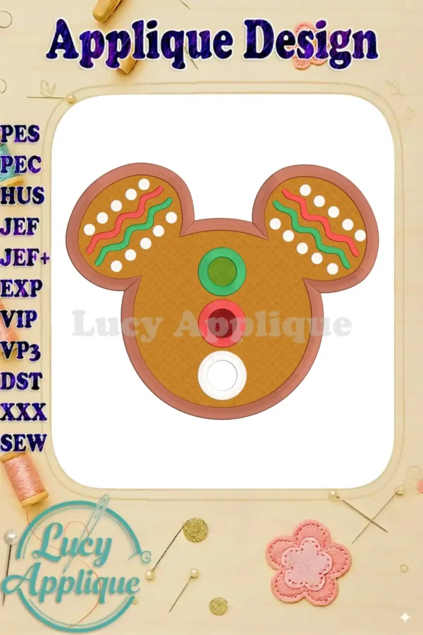 Main image showcasing a charming Mickey Mouse-shaped gingerbread man Christmas applique embroidery design, ready to be stitched.