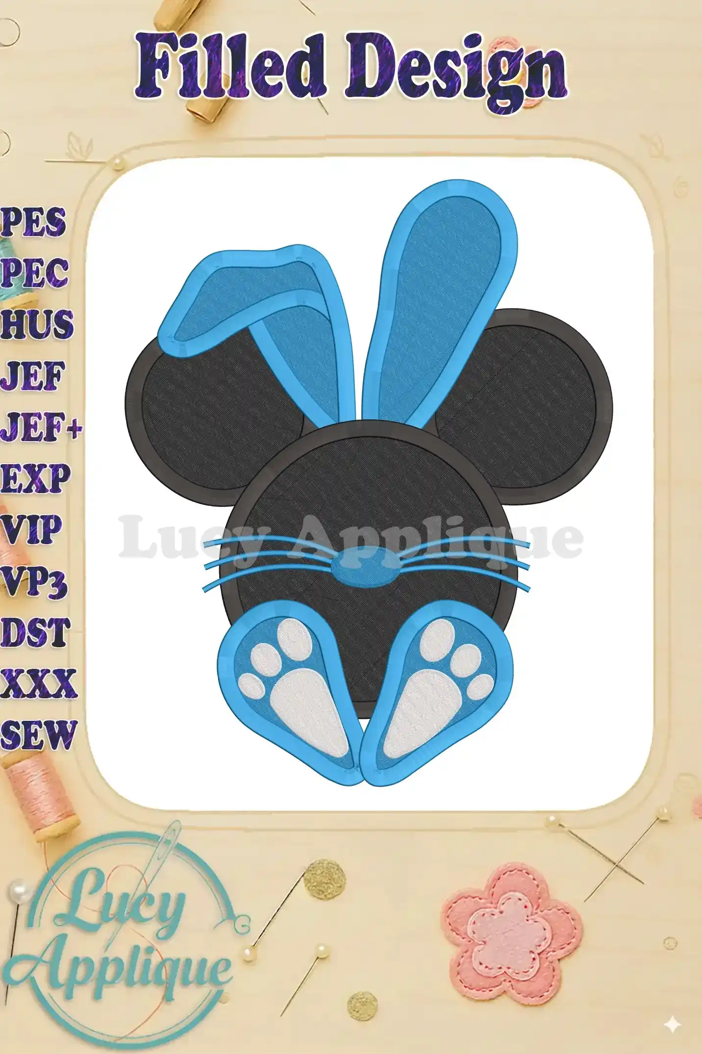 Adorable Mickey Mouse Easter bunny machine embroidery design, showcasing a filled stitch style with blue bunny ears and paws against a black face.