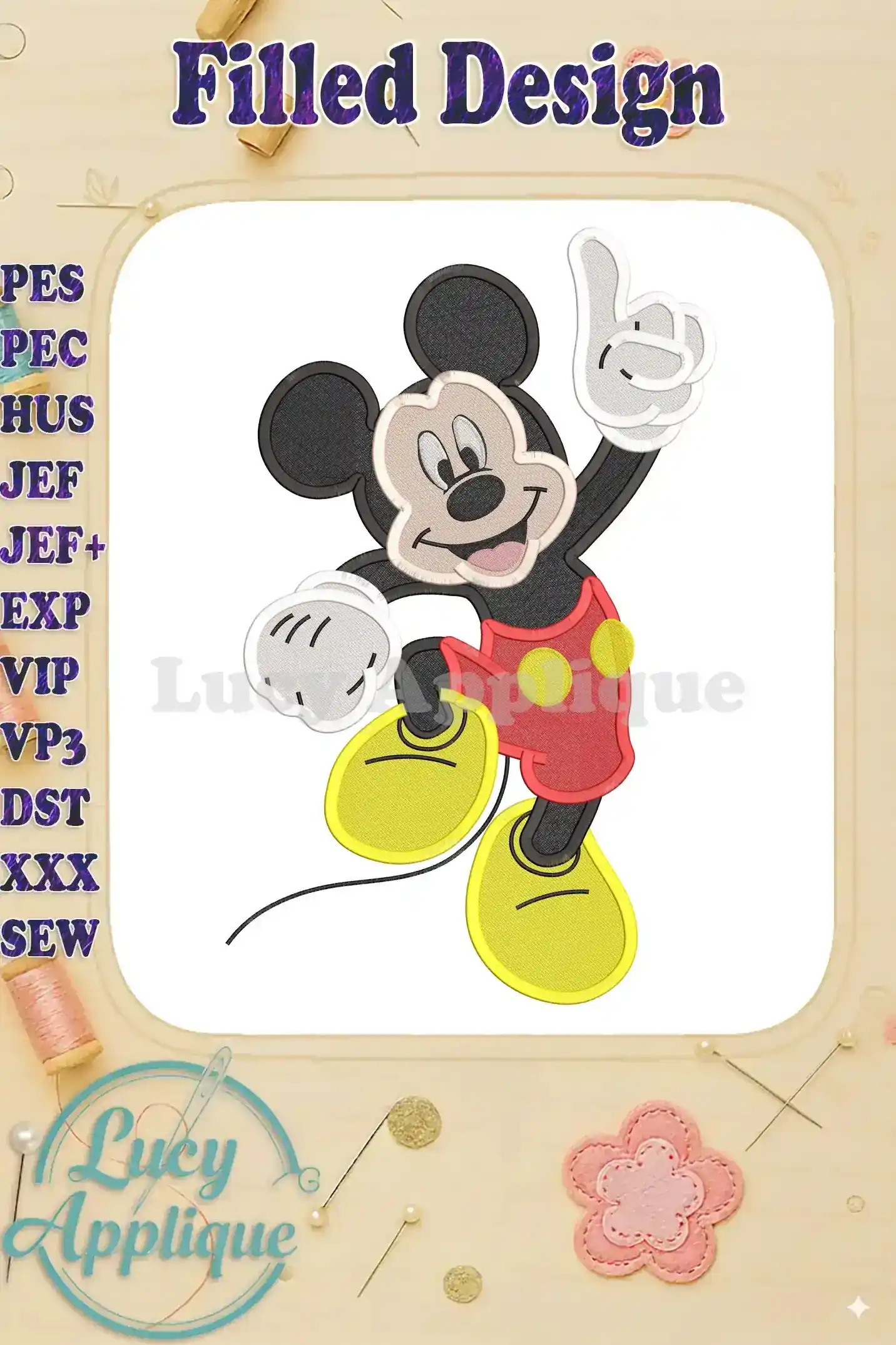 A charming Mickey Mouse filled embroidery design, perfect for adding a touch of Disney magic to your projects. The design showcases Mickey's iconic pose and vibrant colors.