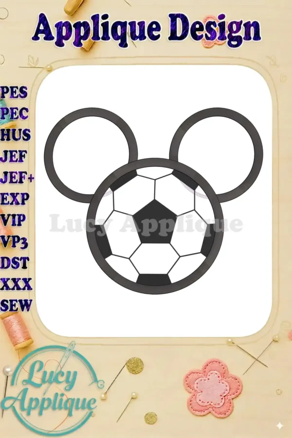 Mickey Mouse-shaped applique design with a soccer ball in the center. The design is presented on a white background, with a variety of file formats listed on the side.
