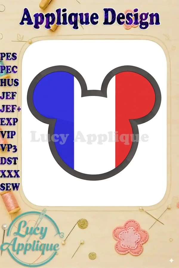 Main image showcasing a Mickey Mouse head applique design in the colors of the French flag. The design is presented on a white background, with various embroidery file formats listed.