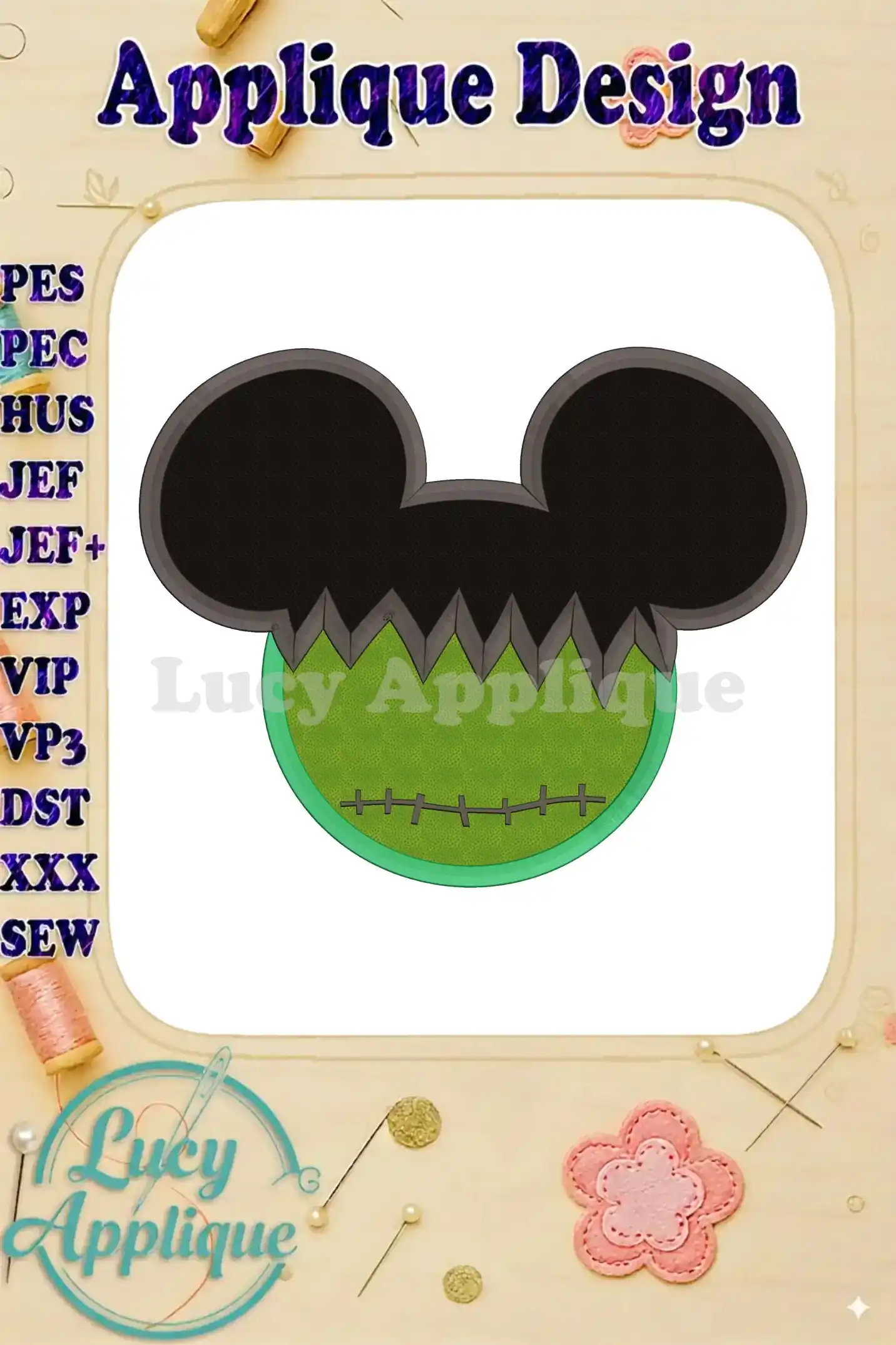 Main image showcasing a Mickey Mouse Frankenstein applique design, featuring stitched details and a playful Halloween theme. The design is presented on a white background with additional design elements.