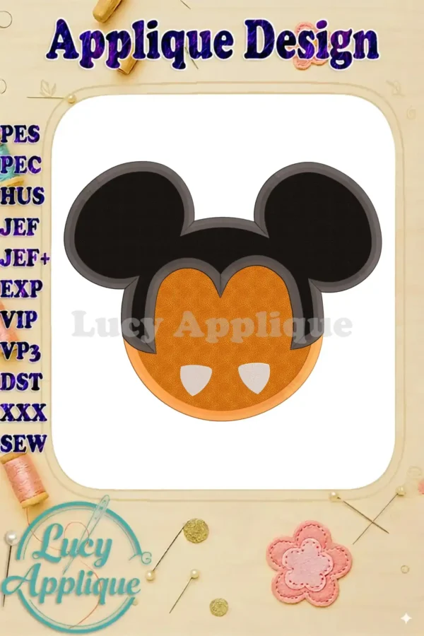 Mickey Mouse Halloween applique design in orange and black, perfect for spooky season projects. The design showcases Mickey's iconic silhouette in an applique style.
