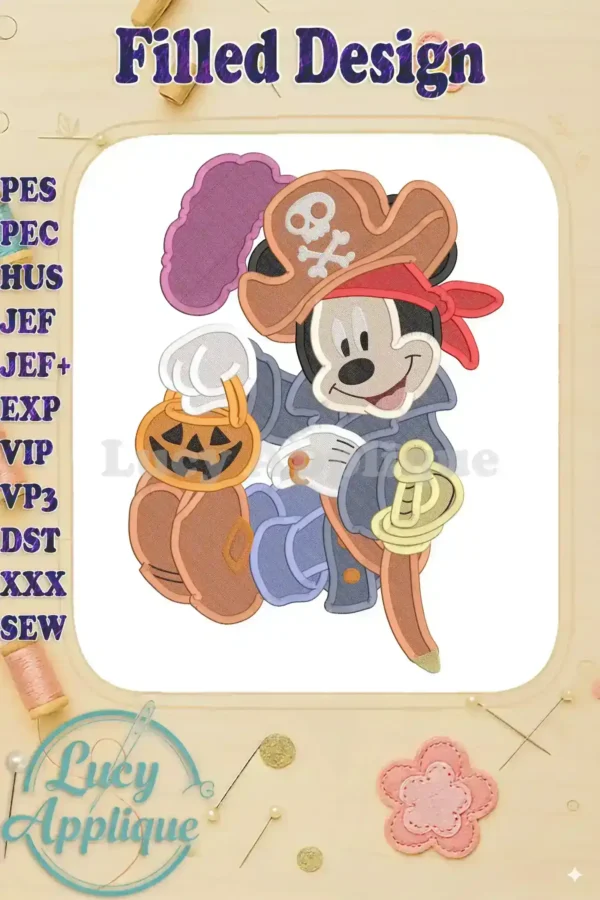 Adorable Mickey Mouse dressed as a pirate for Halloween, carrying a jack-o'-lantern. High-quality filled embroidery design.