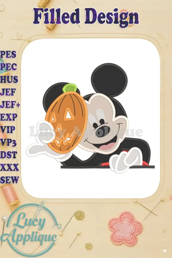 Mickey Mouse peeking from behind a jack-o'-lantern, Halloween themed embroidery design. Filled design, suitable for various embroidery machines.