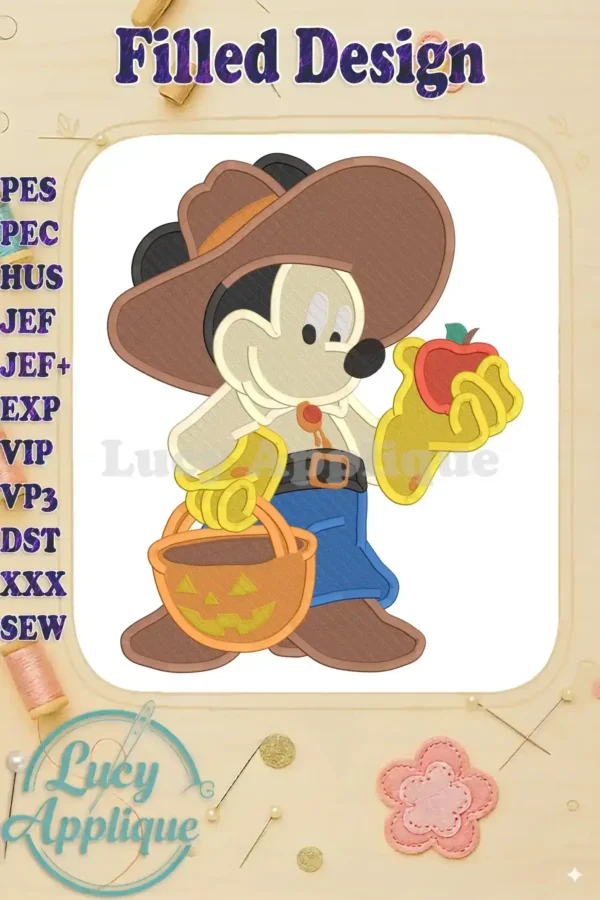 Main image showcasing a filled embroidery design of Mickey Mouse dressed in a farmer's outfit for Halloween, holding an apple and a jack-o'-lantern basket.