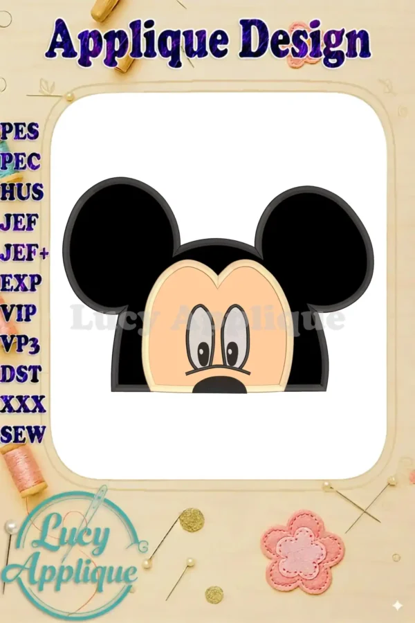 Mickey Mouse head applique embroidery design in black and beige, shown on a white background with a list of compatible embroidery file formats. Includes design details and the artist's logo.