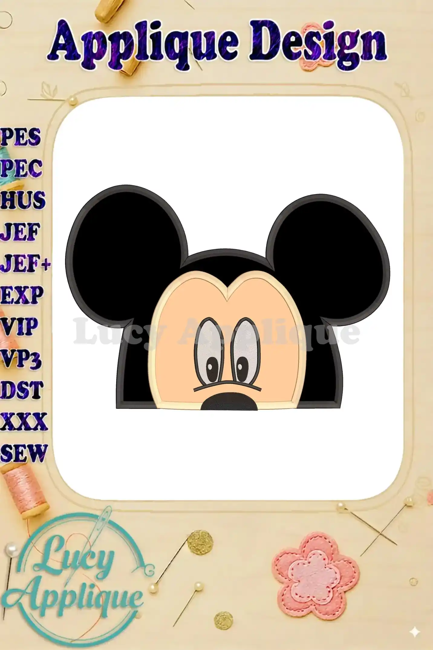 Mickey Mouse head applique embroidery design in black and beige, shown on a white background with a list of compatible embroidery file formats. Includes design details and the artist's logo.