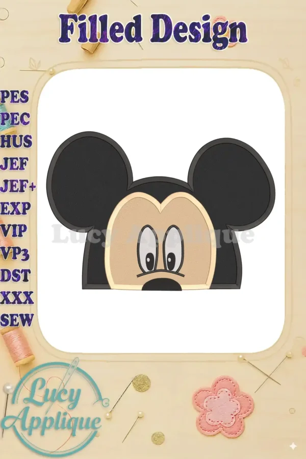 Main image showcasing a filled Mickey Mouse head embroidery design. The design is simple, charming, and perfect for various projects. It's shown on a white background with a decorative border.