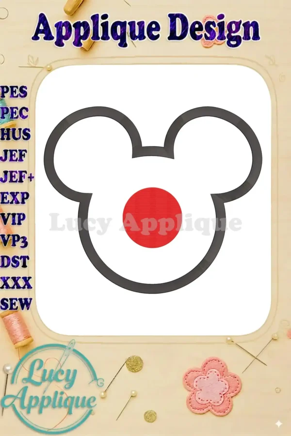 Main image showcasing a charming Mickey Mouse head applique embroidery design, featuring a red circle in the center, against a white background. Simple yet effective design.