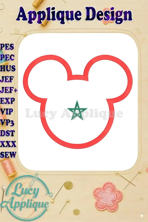 Main image showcasing a Mickey Mouse applique embroidery design, featuring a red outline of Mickey's head with a green Moroccan star in the center. Various embroidery file formats are listed.
