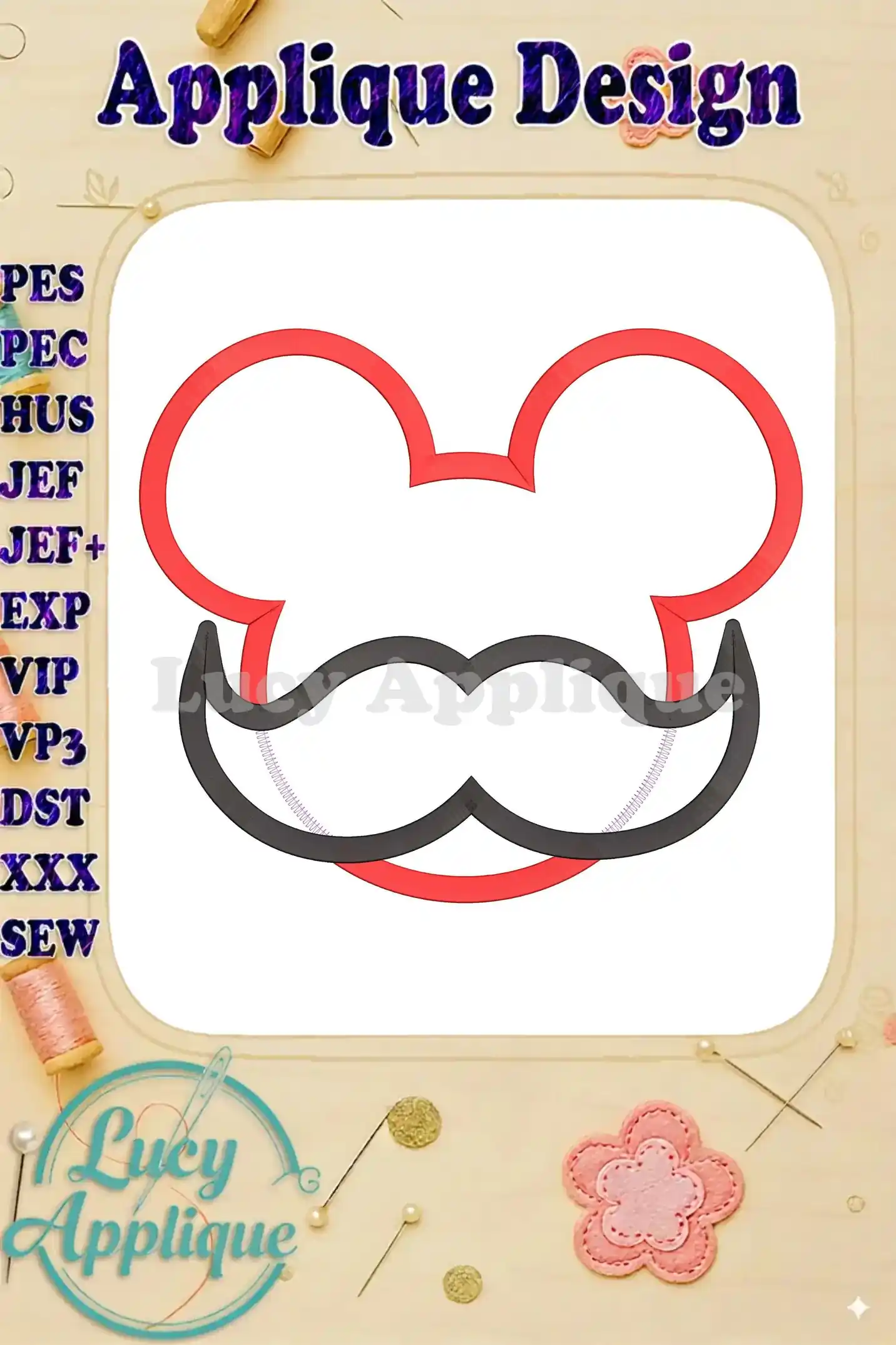 Main image showcasing a Mickey Mouse applique embroidery design with iconic ears and mustache, presented as a digital pattern, suitable for machine embroidery.