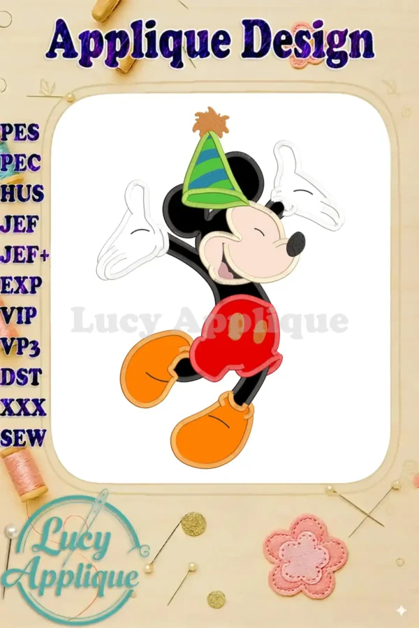 A lively Mickey Mouse in a party hat, joyfully waving. This applique design is perfect for adding a festive touch to any project. Download now and start stitching!