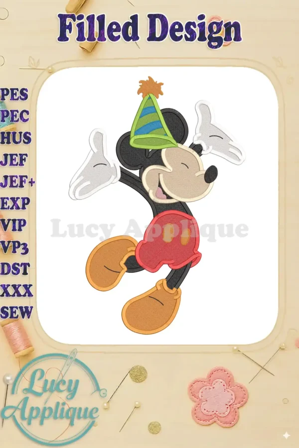 Mickey Mouse in a party hat, playfully posing with hands up. A filled embroidery design, showcasing vibrant colors and detailed stitching.