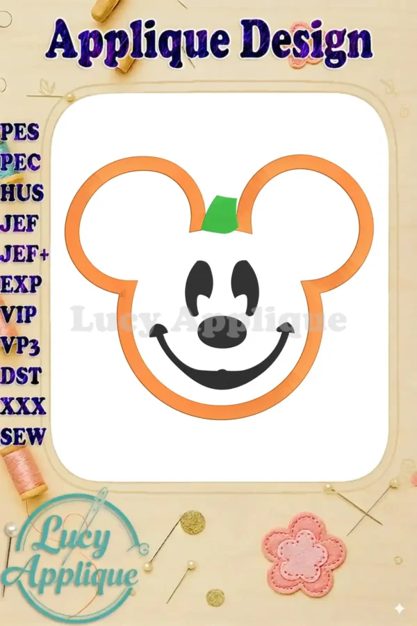 Mickey Mouse shaped as a pumpkin, applique machine embroidery design. The design is orange with a green stem, and shows various file formats.