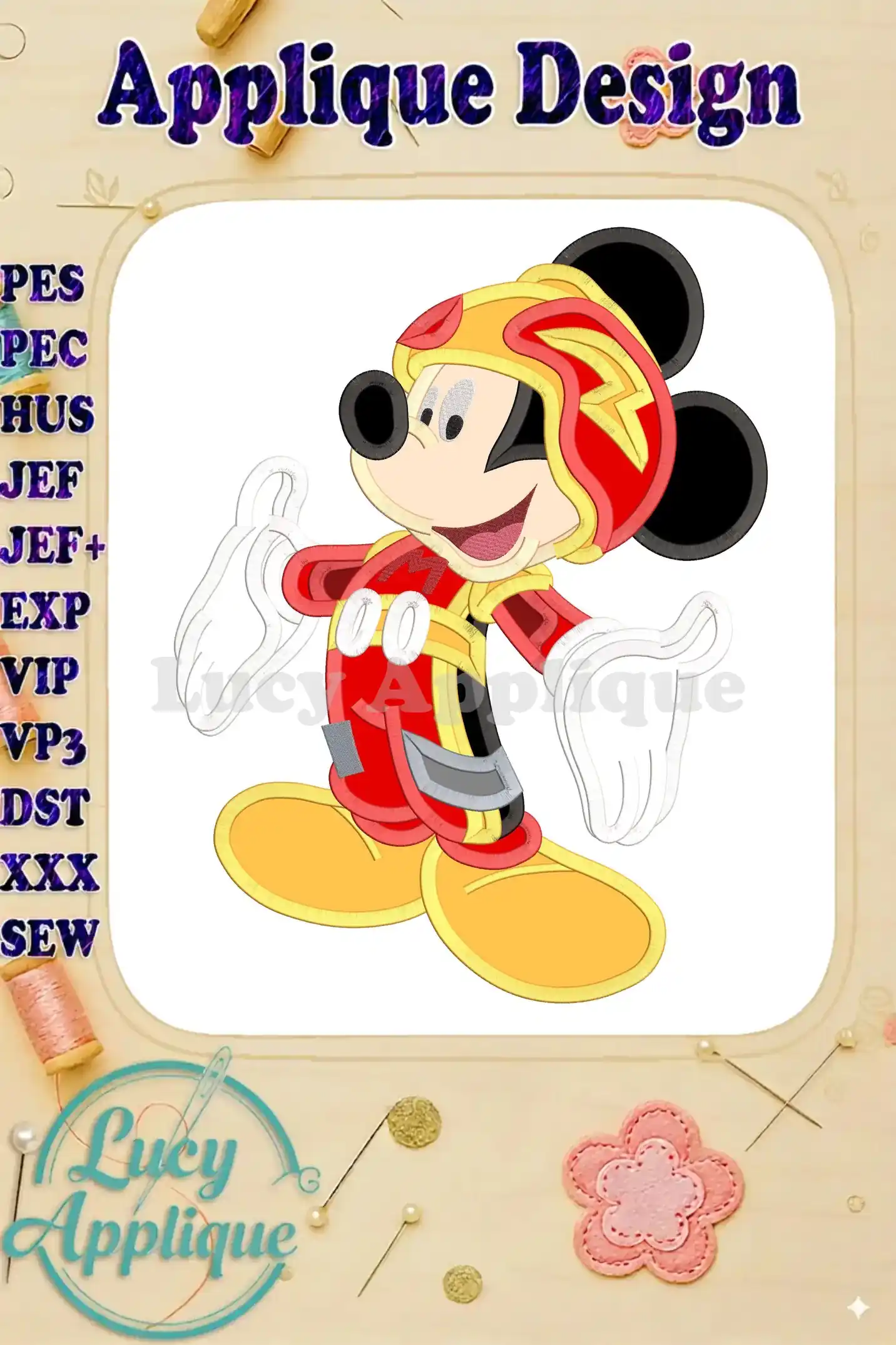 Main image showcasing a vibrant Mickey Mouse Roadster applique embroidery design, ready to be stitched. Various file formats are listed.