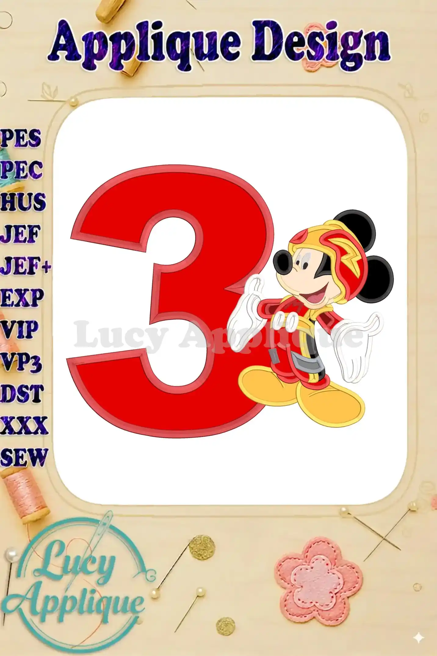 Adorable applique embroidery design featuring Mickey Mouse in his Roadster Racer outfit, celebrating his 3rd birthday with a large number 3.
