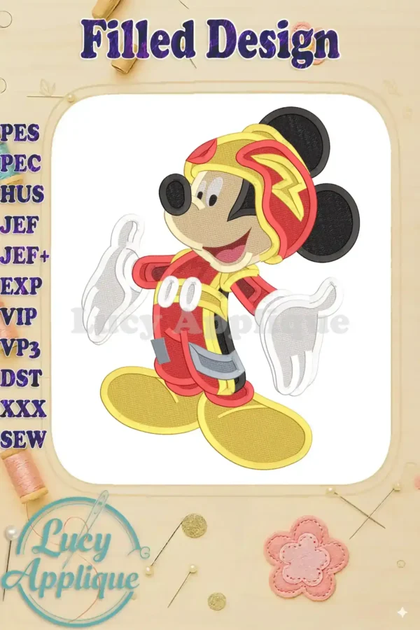 Mickey Mouse in a red racing suit, bright yellow accents, filled embroidery design. Various file formats are listed. For machine embroidery.
