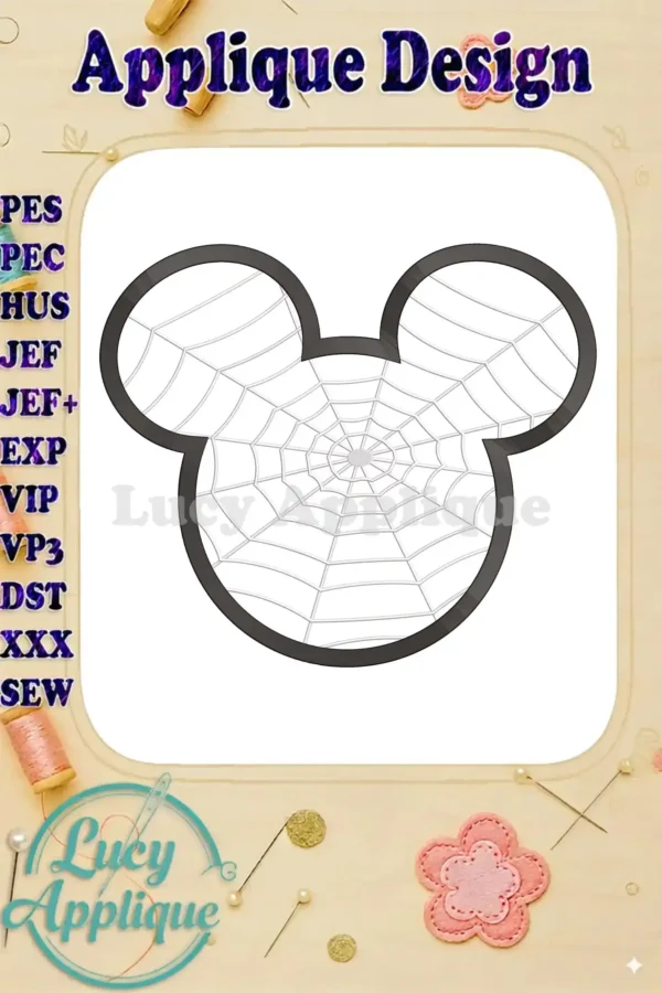 A charming Mickey Mouse head applique design featuring an intricate spiderweb pattern. Perfect for Halloween-themed crafts!