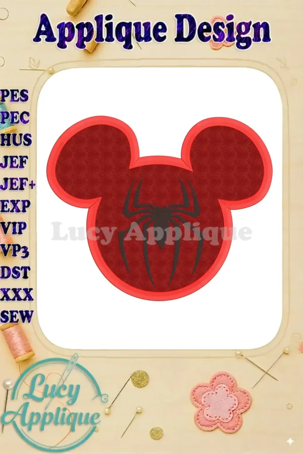 A charming applique design featuring Mickey Mouse's iconic ears, incorporating Spiderman's symbol in the center. Perfect for adding a playful touch to various projects.