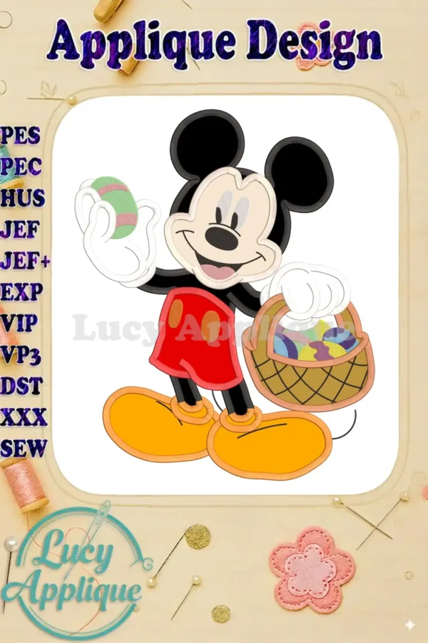 Charming Mickey Mouse applique design, holding an Easter egg and a basket of eggs. Perfect for Easter projects, this design features vibrant colors and intricate details, showcasing the character's iconic features.